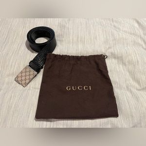 GUCCI Men’s Leather Belt with GG Diamond Pattern Logo on Silver Buckle